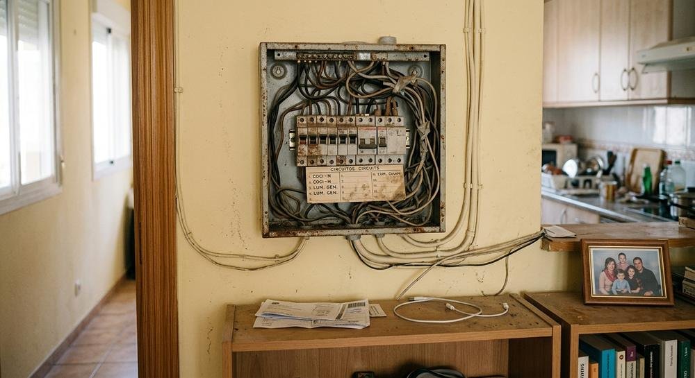 Cuadro eléctrico antiguo, oxidado y con cableado suelto antes de la renovación