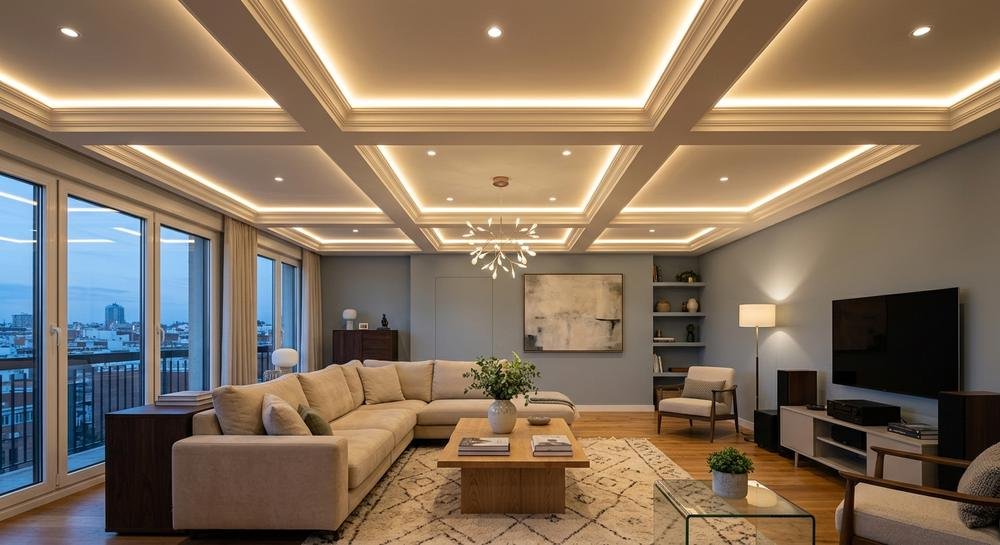 Salón con iluminación LED de techo instalada, ambiente cálido